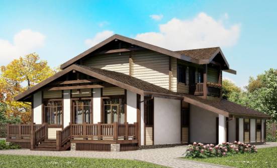 190-004-П Проект двухэтажного дома с мансардой, гараж, уютный домик из бризолита из бревен Волжск | Проекты домов от House Expert